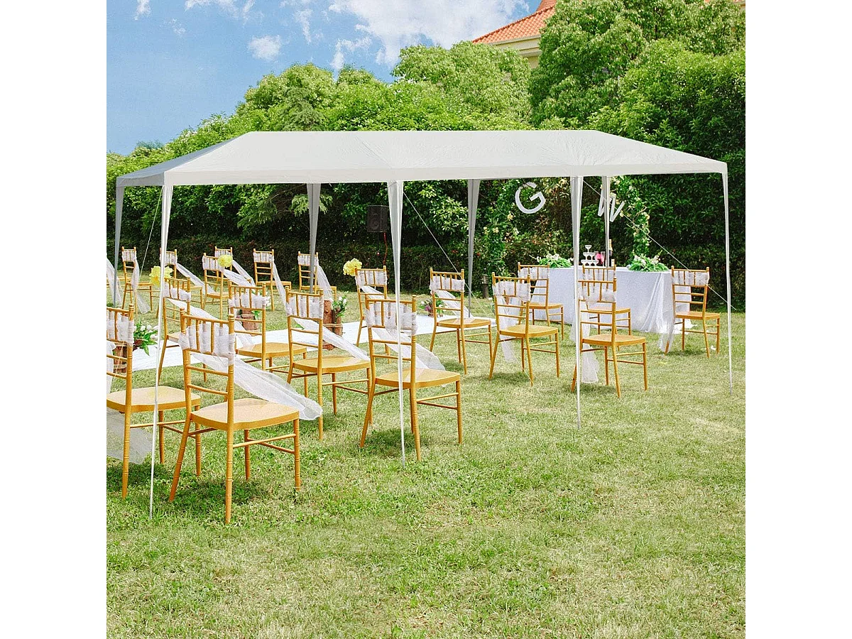 Tonnelle de Jardin 3 M x 9 M Étanche, Tente de Réception Pliante en Tube Métal 8 Cordes à Vent et 16 Piquets Boucle, pour Fêtes Commercial Mariage, Blanc