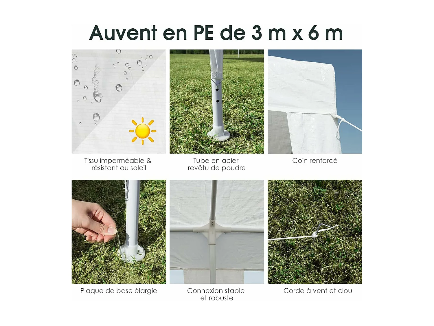 Tonnelle de Jardin 3 M x 9 M Étanche, Tente de Réception Pliante en Tube Métal 8 Cordes à Vent et 16 Piquets Boucle, pour Fêtes Commercial Mariage, Blanc