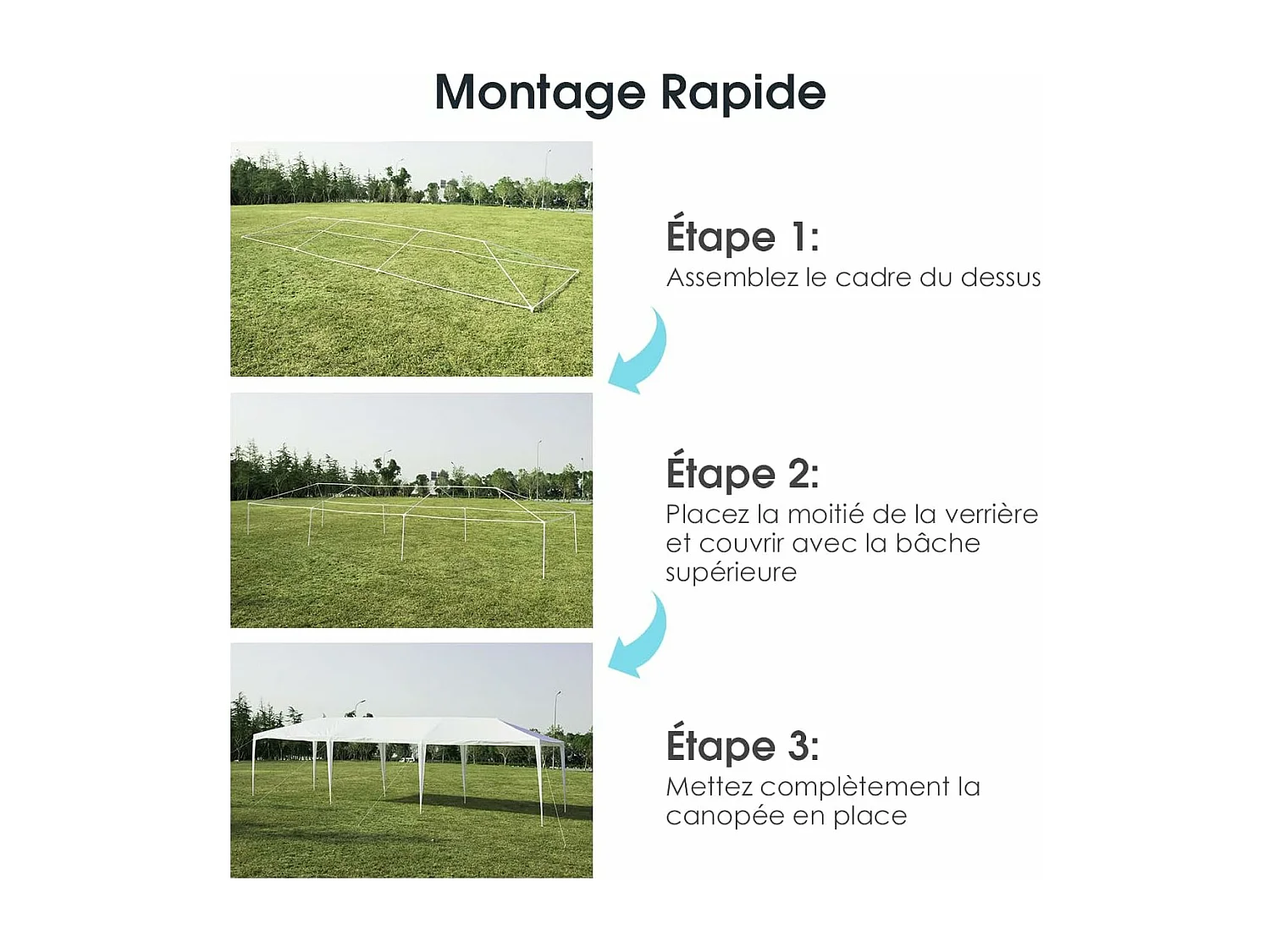 Tonnelle de Jardin 3 M x 9 M Étanche, Tente de Réception Pliante en Tube Métal 8 Cordes à Vent et 16 Piquets Boucle, pour Fêtes Commercial Mariage, Blanc