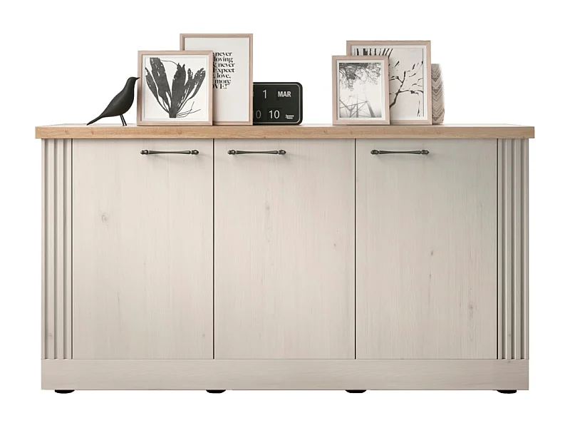 Sideboard mit 3 Türen, Dekor Eiche Cadiz und Meringue-Weiß L164 cm - COUNTRY