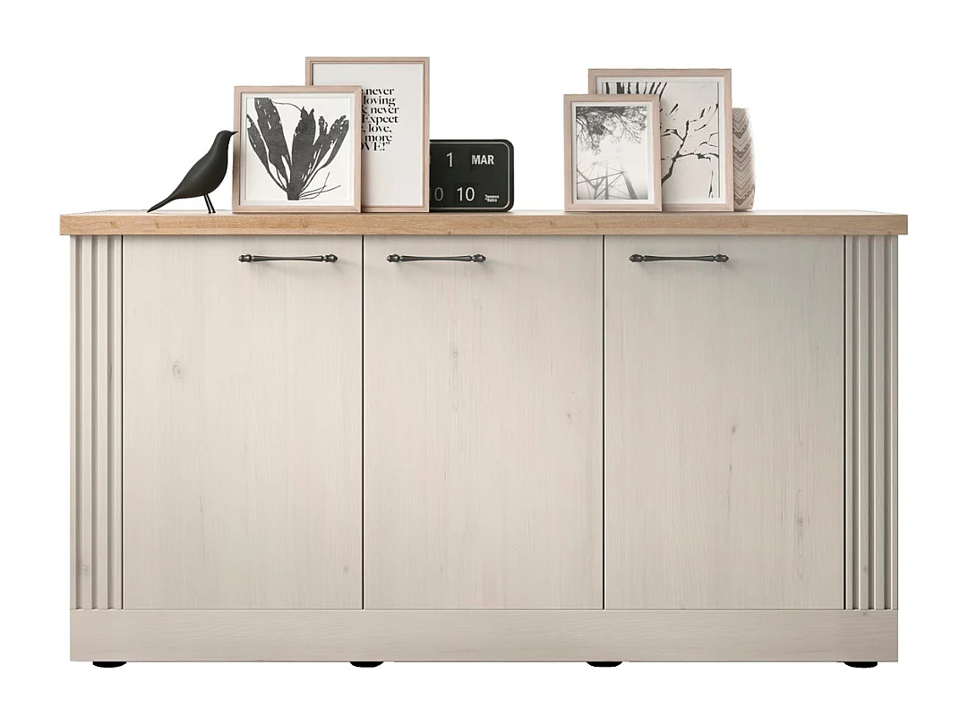 Dressoir met 3 deuren, decor eiken Cadiz en meringuewit L164 cm - COUNTRY