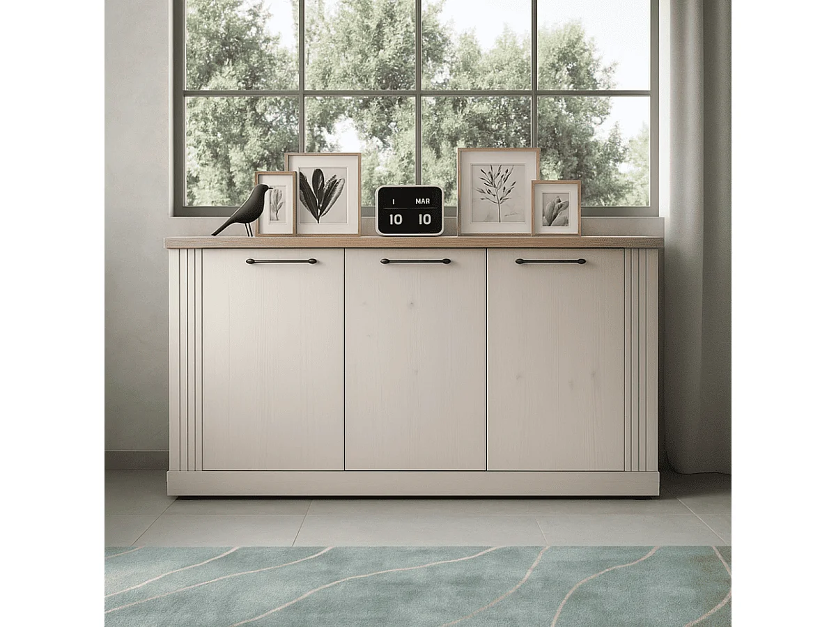 Dressoir met 3 deuren, decor eiken Cadiz en meringuewit L164 cm - COUNTRY