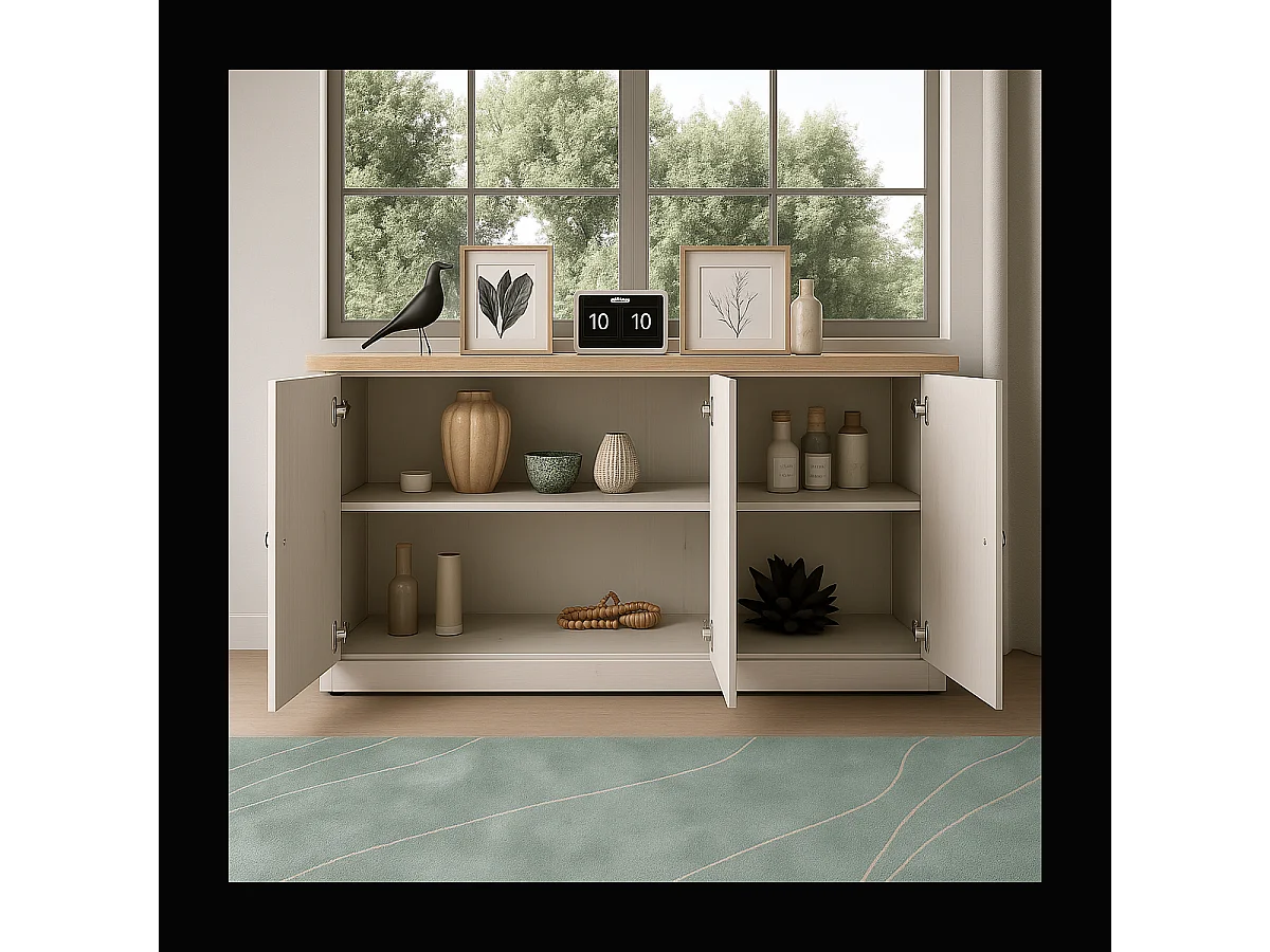 Dressoir met 3 deuren, decor eiken Cadiz en meringuewit L164 cm - COUNTRY