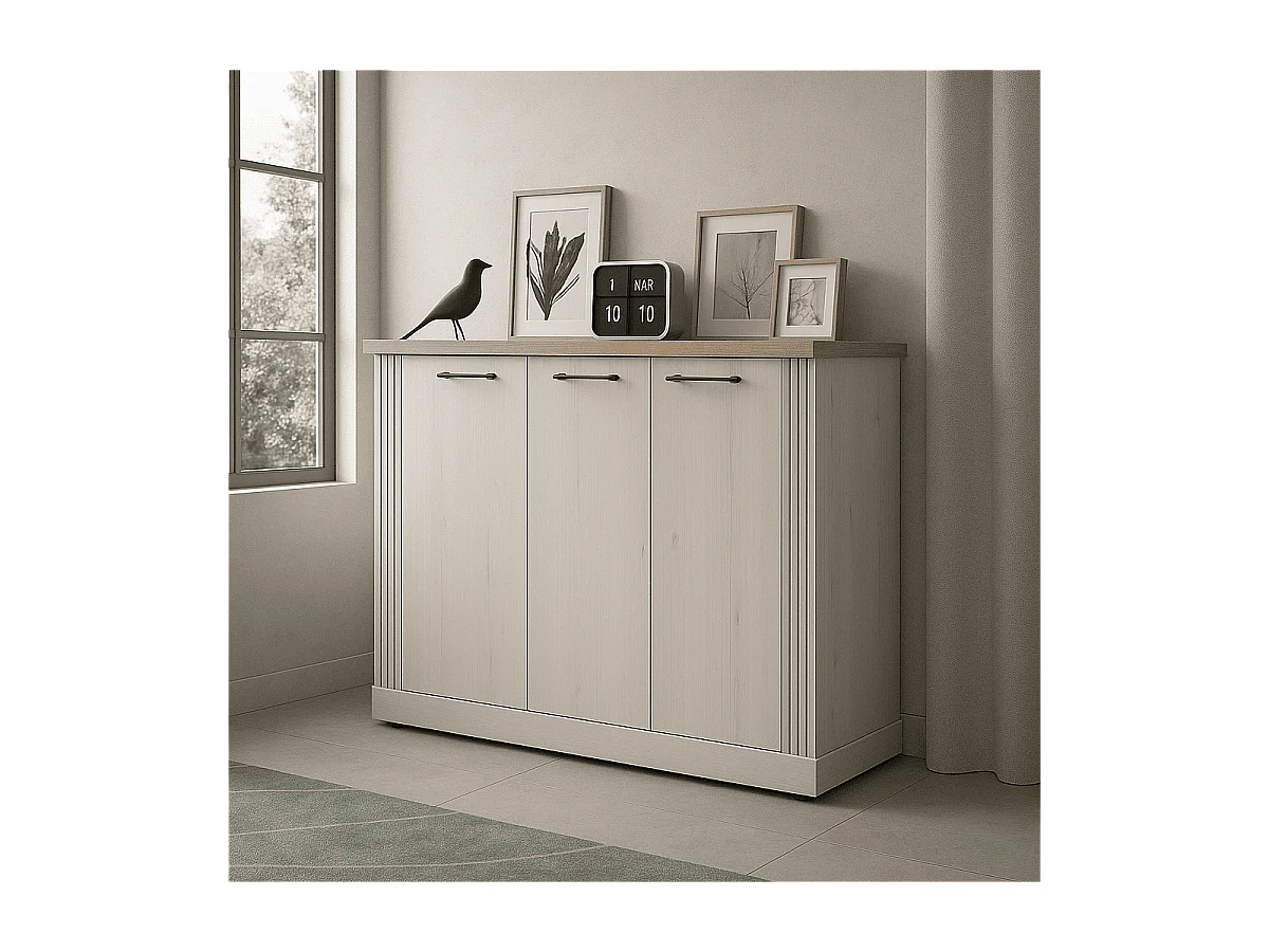 Dressoir met 3 deuren, decor eiken Cadiz en meringuewit L164 cm - COUNTRY