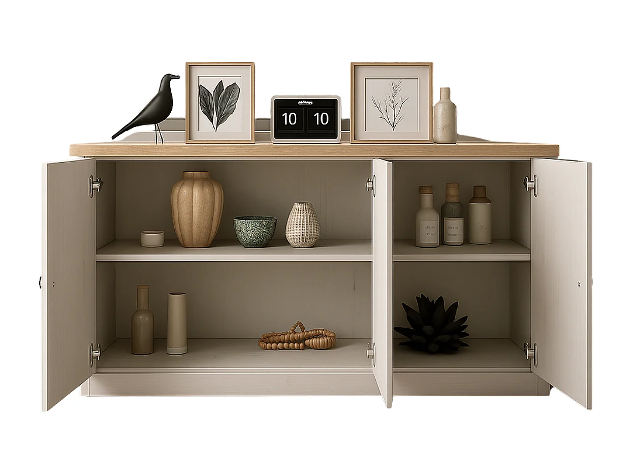 Dressoir met 3 deuren, decor eiken Cadiz en meringuewit L164 cm - COUNTRY