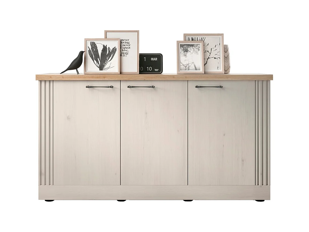 Dressoir met 3 deuren, decor eiken Cadiz en meringuewit L164 cm - COUNTRY