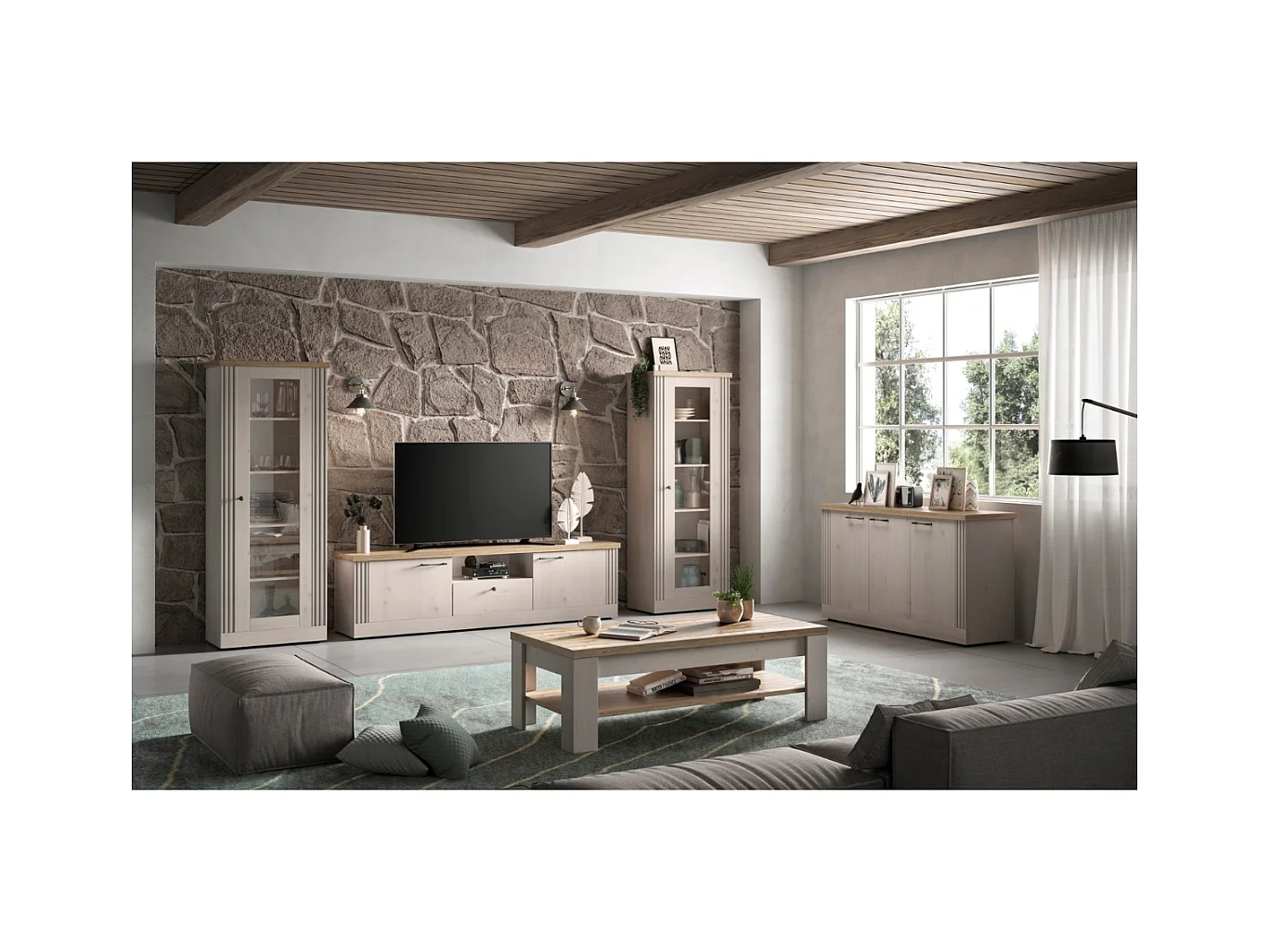 Credenza 3 ante decorazione rovere Cadiz e bianco meringa L164 cm - COUNTRY