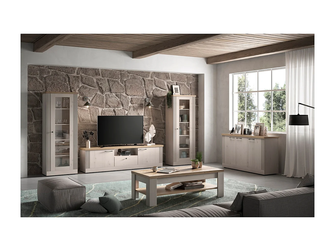 Buffet 3 portes décor chêne cadiz et blanc meringué L164 cm - COUNTRY