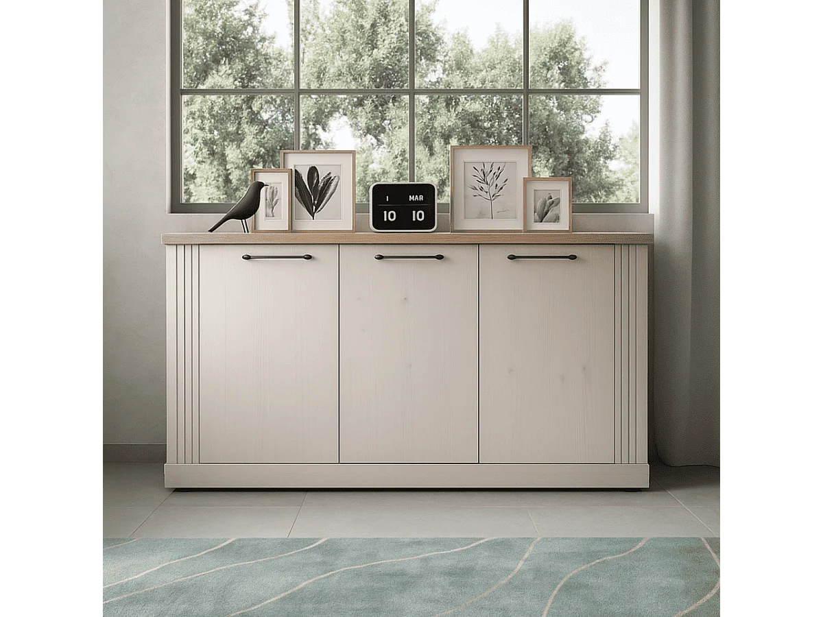 Dressoir met 3 deuren, decor eiken Cadiz en meringuewit L164 cm - COUNTRY