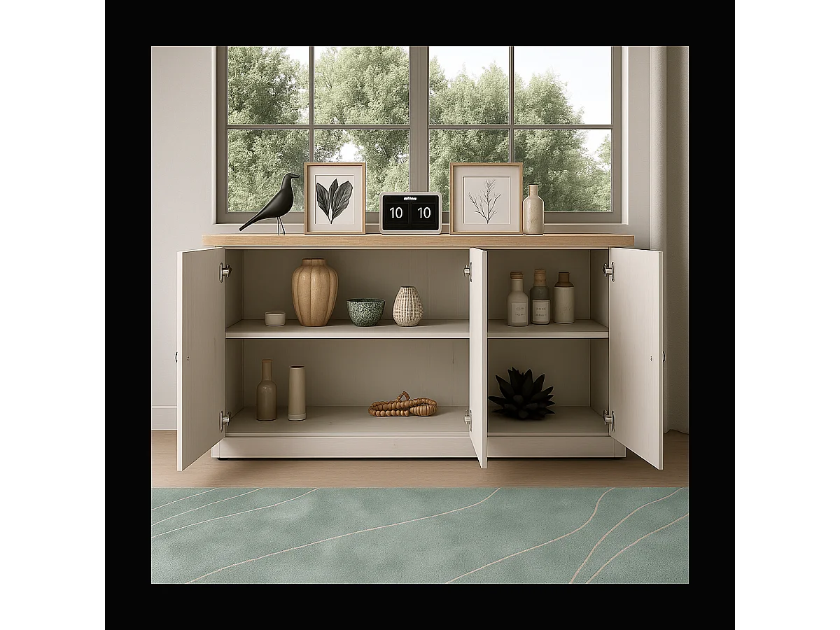 Dressoir met 3 deuren, decor eiken Cadiz en meringuewit L164 cm - COUNTRY