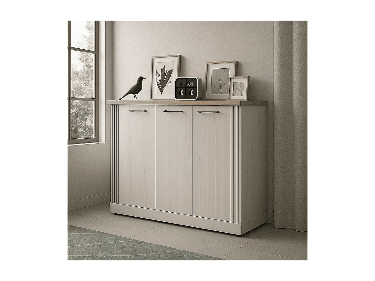 Dressoir met 3 deuren, decor eiken Cadiz en meringuewit L164 cm - COUNTRY