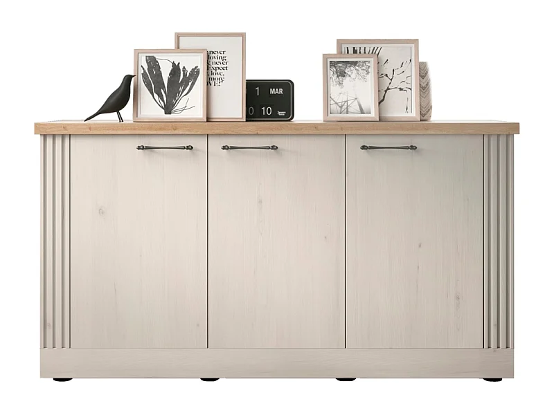 Buffet 3 portes décor chêne cadiz et blanc meringué L164 cm - COUNTRY