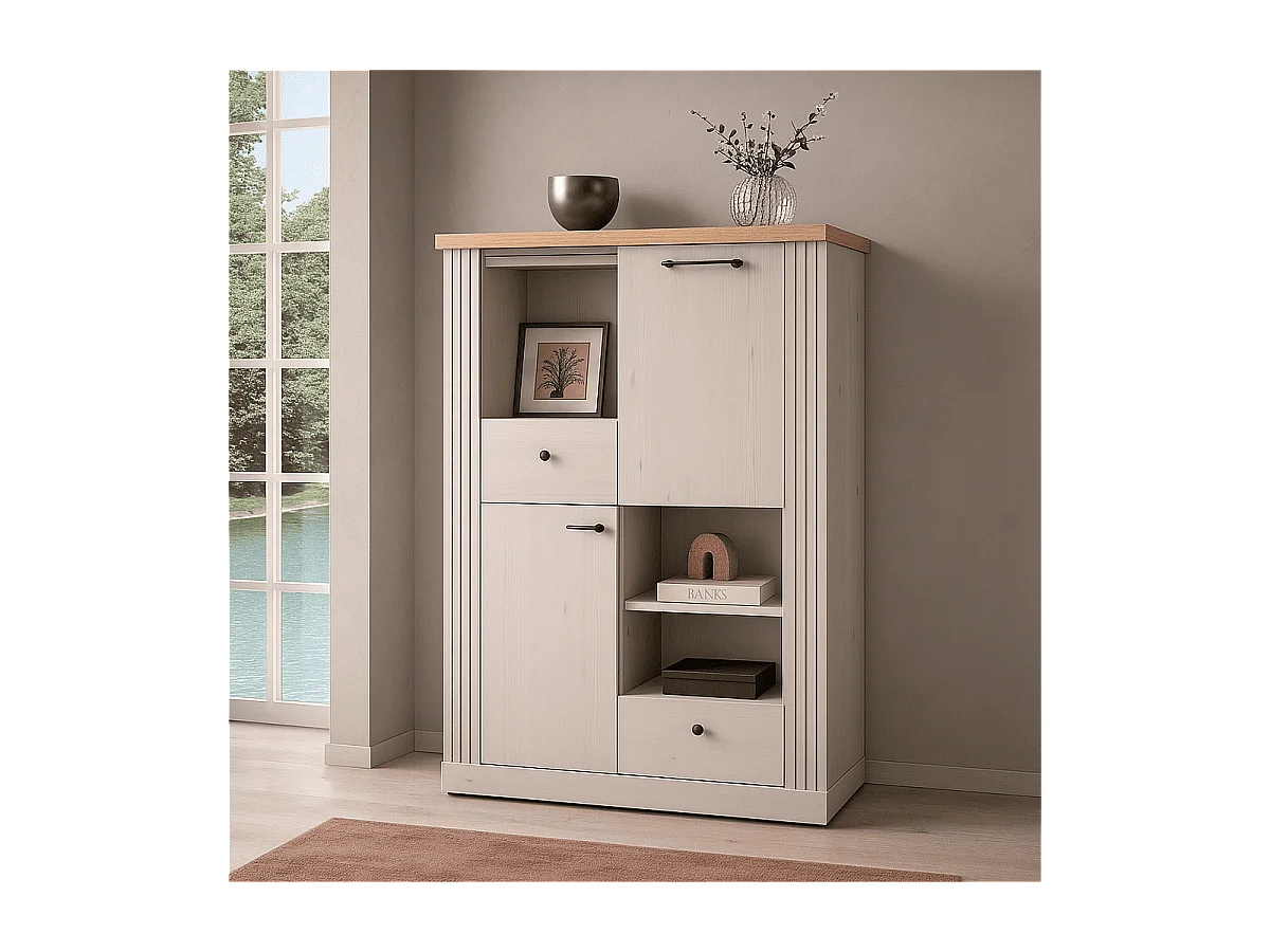 Hoge dressoir met 2 deuren, 2 laden en 3 nissen H160 cm - COUNTRY