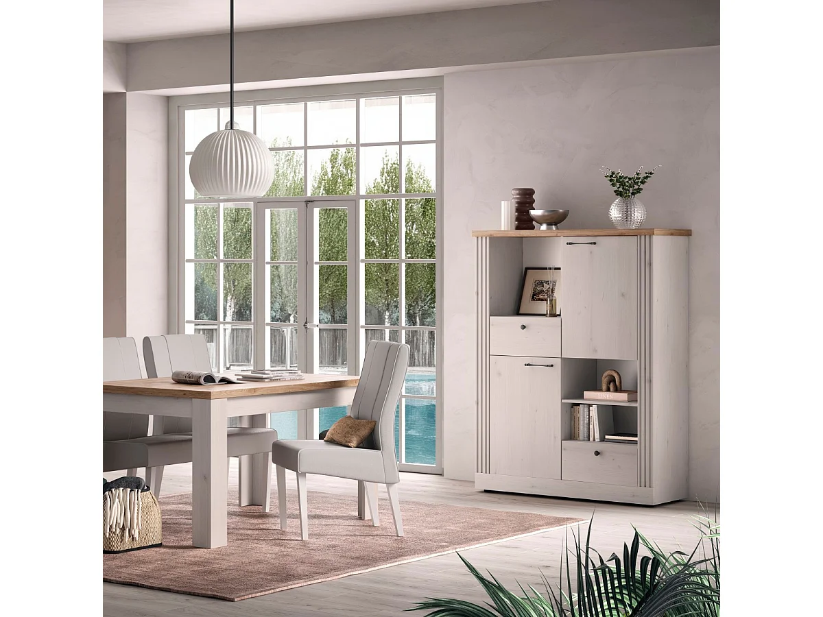 Hoge dressoir met 2 deuren, 2 laden en 3 nissen H160 cm - COUNTRY