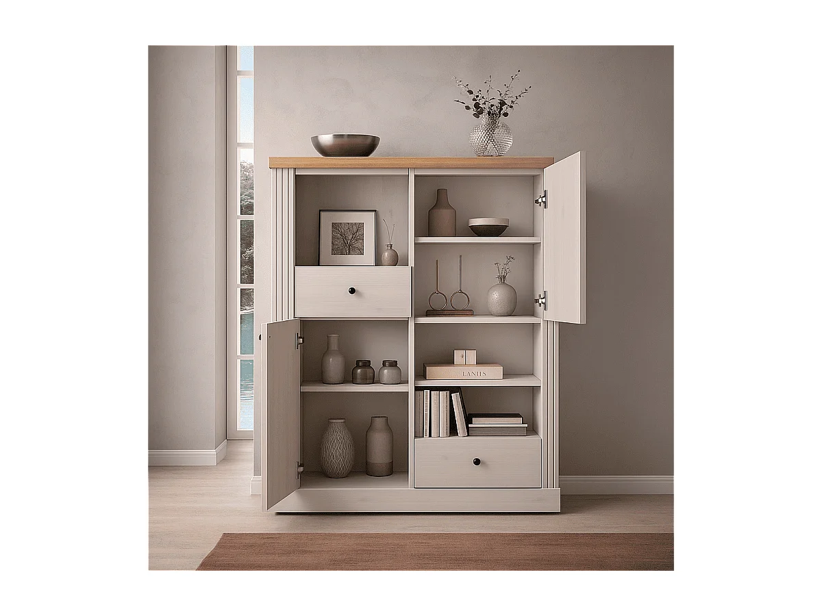 Buffet haut 2 portes, 2 tiroirs et 3 niches H160 cm - COUNTRY