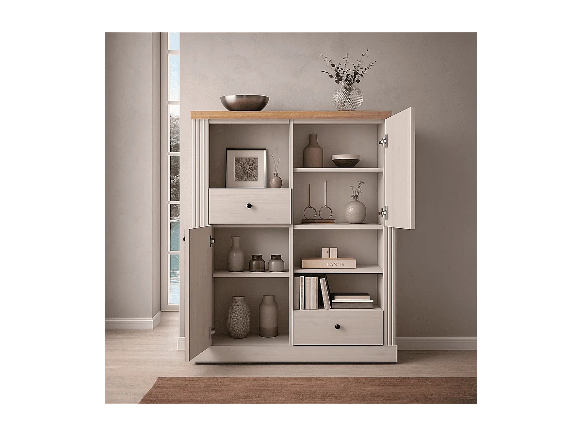 Hohe Anrichte mit 2 Türen, 2 Schubladen und 3 Fächern H160 cm - COUNTRY