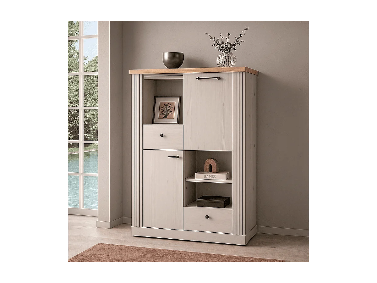 Hohe Anrichte mit 2 Türen, 2 Schubladen und 3 Fächern H160 cm - COUNTRY