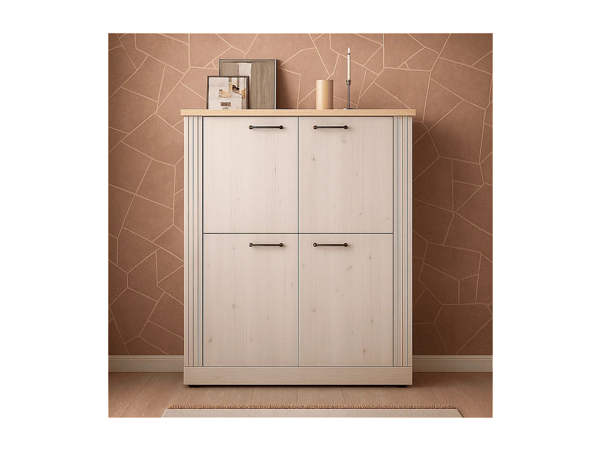 Hoge dressoir met 4 deuren, decor eiken Cadiz en meringuewit H160 cm - COUNTRY