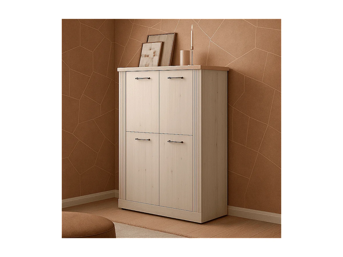 Hoge dressoir met 4 deuren, decor eiken Cadiz en meringuewit H160 cm - COUNTRY