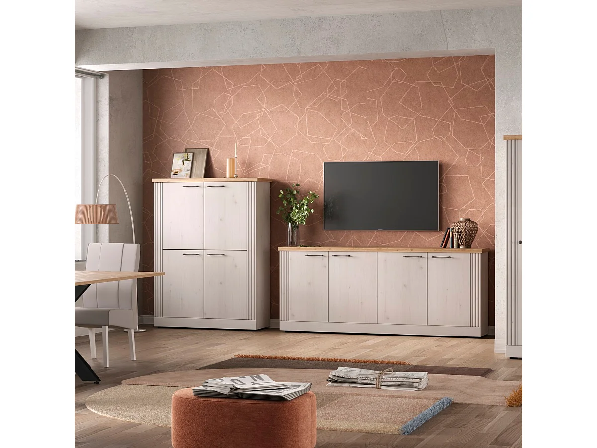 Hoge dressoir met 4 deuren, decor eiken Cadiz en meringuewit H160 cm - COUNTRY