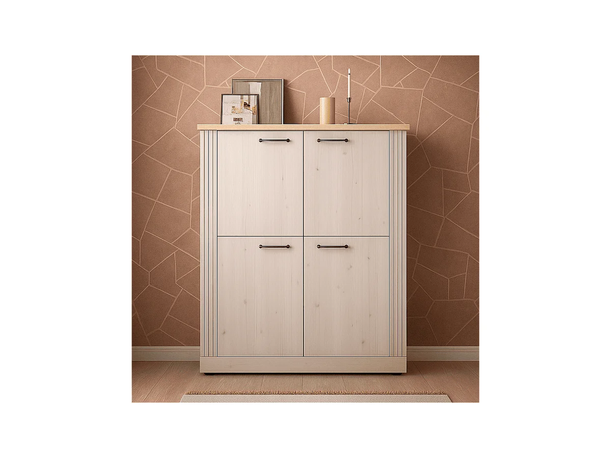 Buffet haut 4 portes décor chêne cadiz et blanc meringué H160 cm - COUNTRY