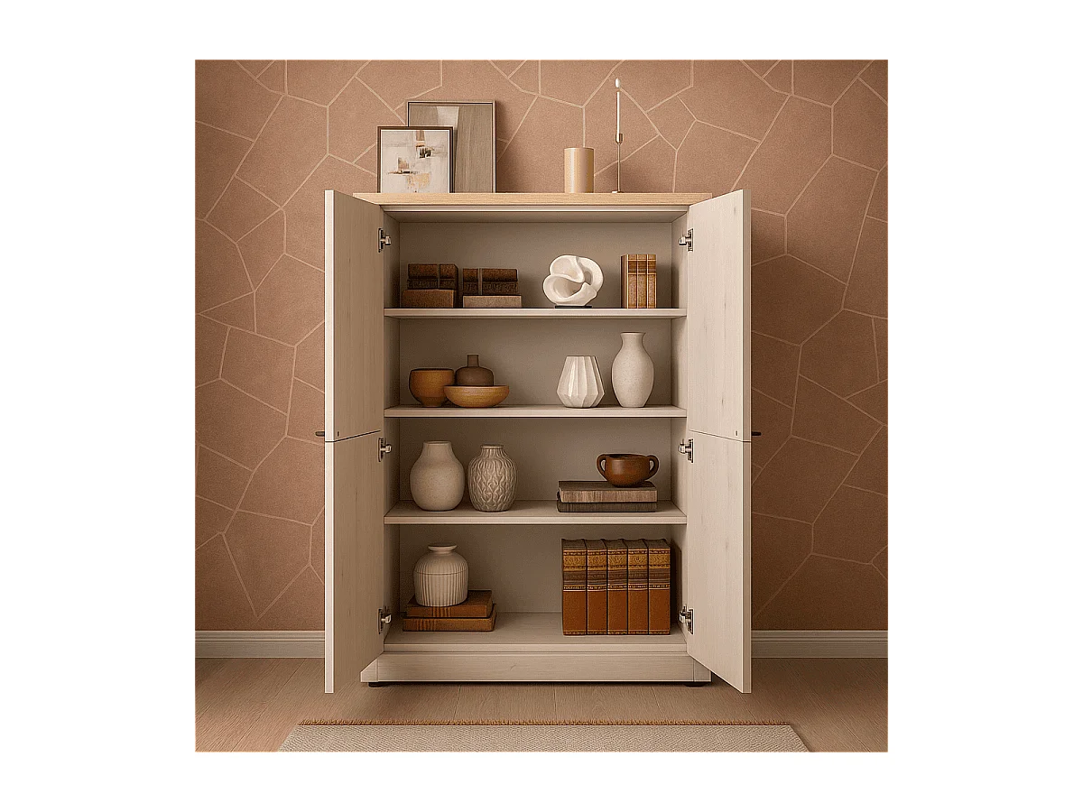 Buffet haut 4 portes décor chêne cadiz et blanc meringué H160 cm - COUNTRY