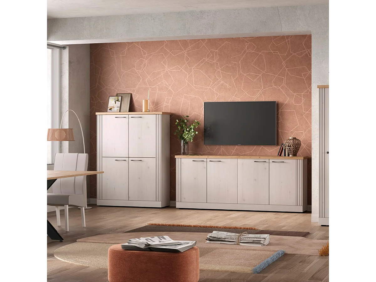 Kredens 4-drzwiowy, dąb cadiz i biała beza H160 cm - COUNTRY