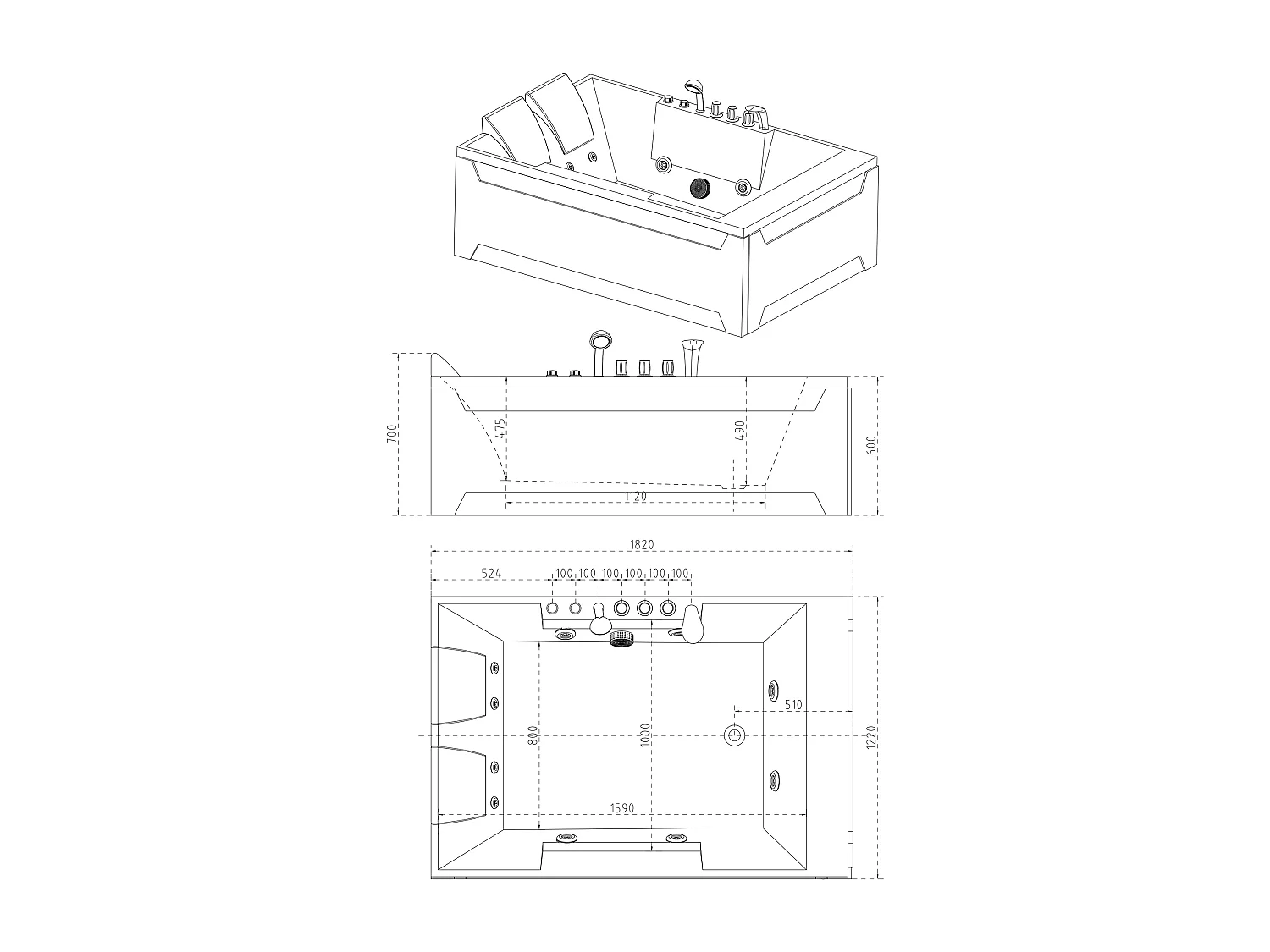 Baignoire balnéo - 2 places - 515 L - 182 x 122 x 62 cm - Angle gauche - THALASSA