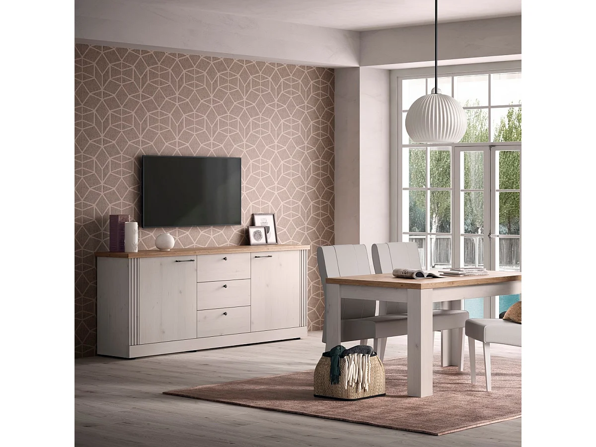 Sideboard mit 2 Türen und 3 Schubladen, Dekor Eiche Cadiz und Meringue-Weiß L211 cm - COUNTRY