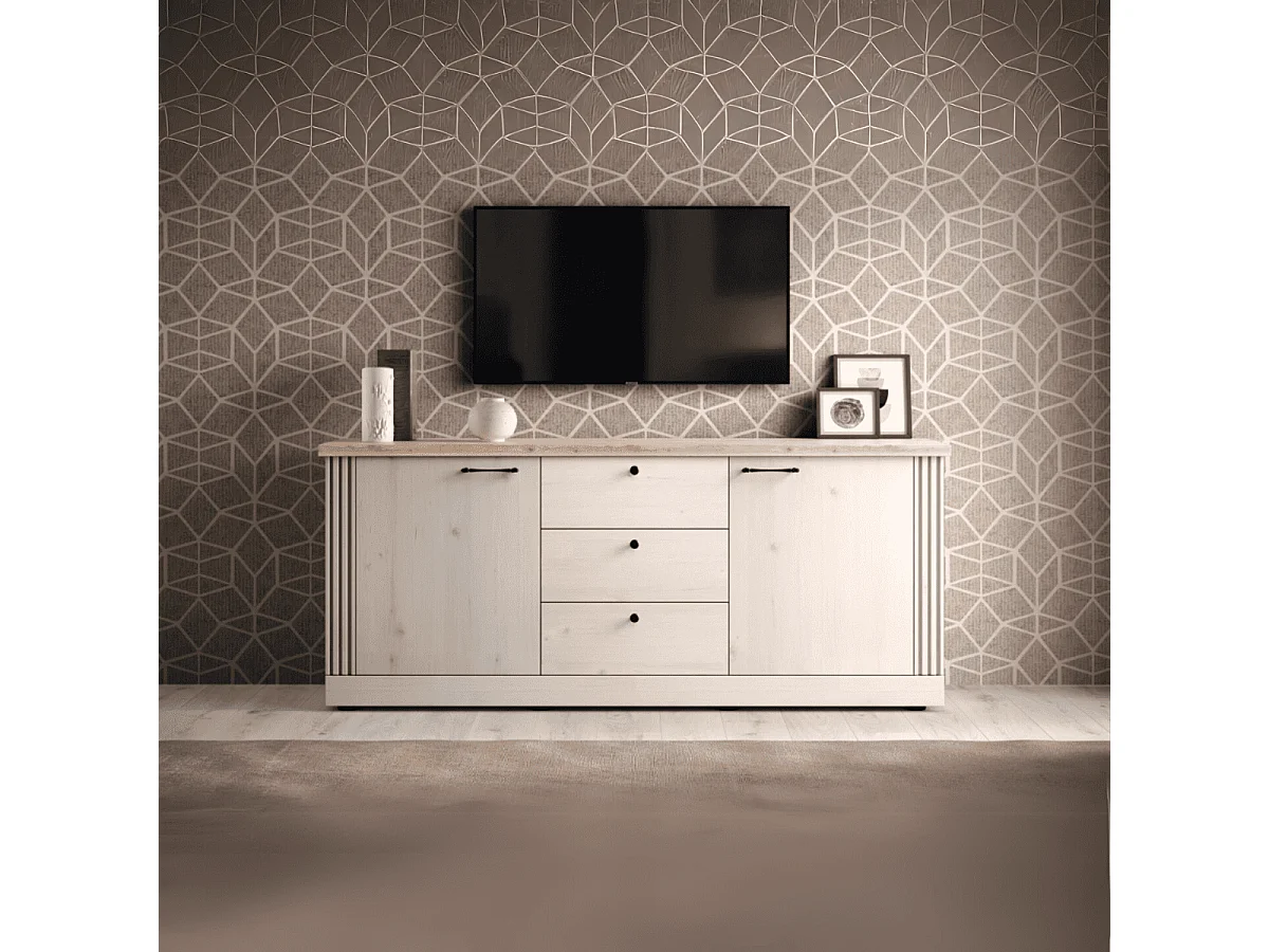 Sideboard mit 2 Türen und 3 Schubladen, Dekor Eiche Cadiz und Meringue-Weiß L211 cm - COUNTRY