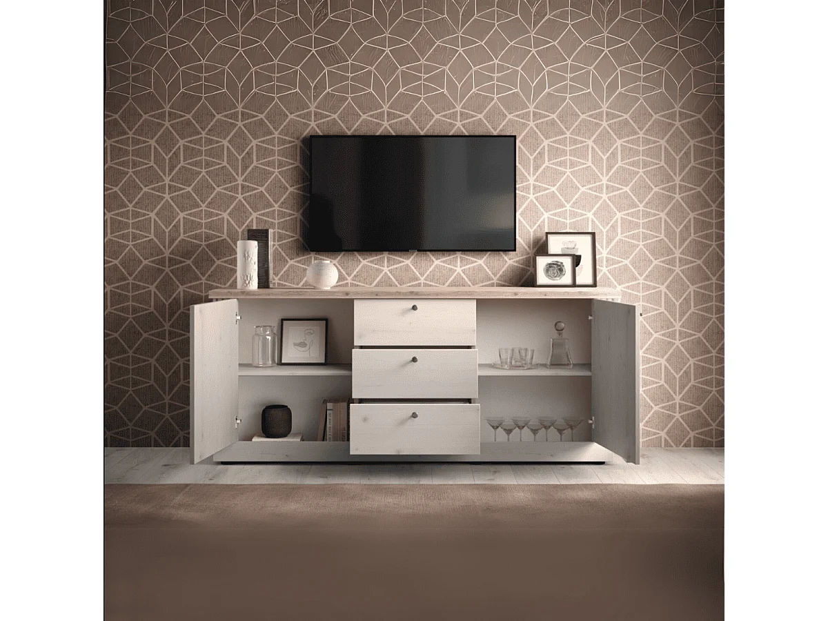 Sideboard mit 2 Türen und 3 Schubladen, Dekor Eiche Cadiz und Meringue-Weiß L211 cm - COUNTRY