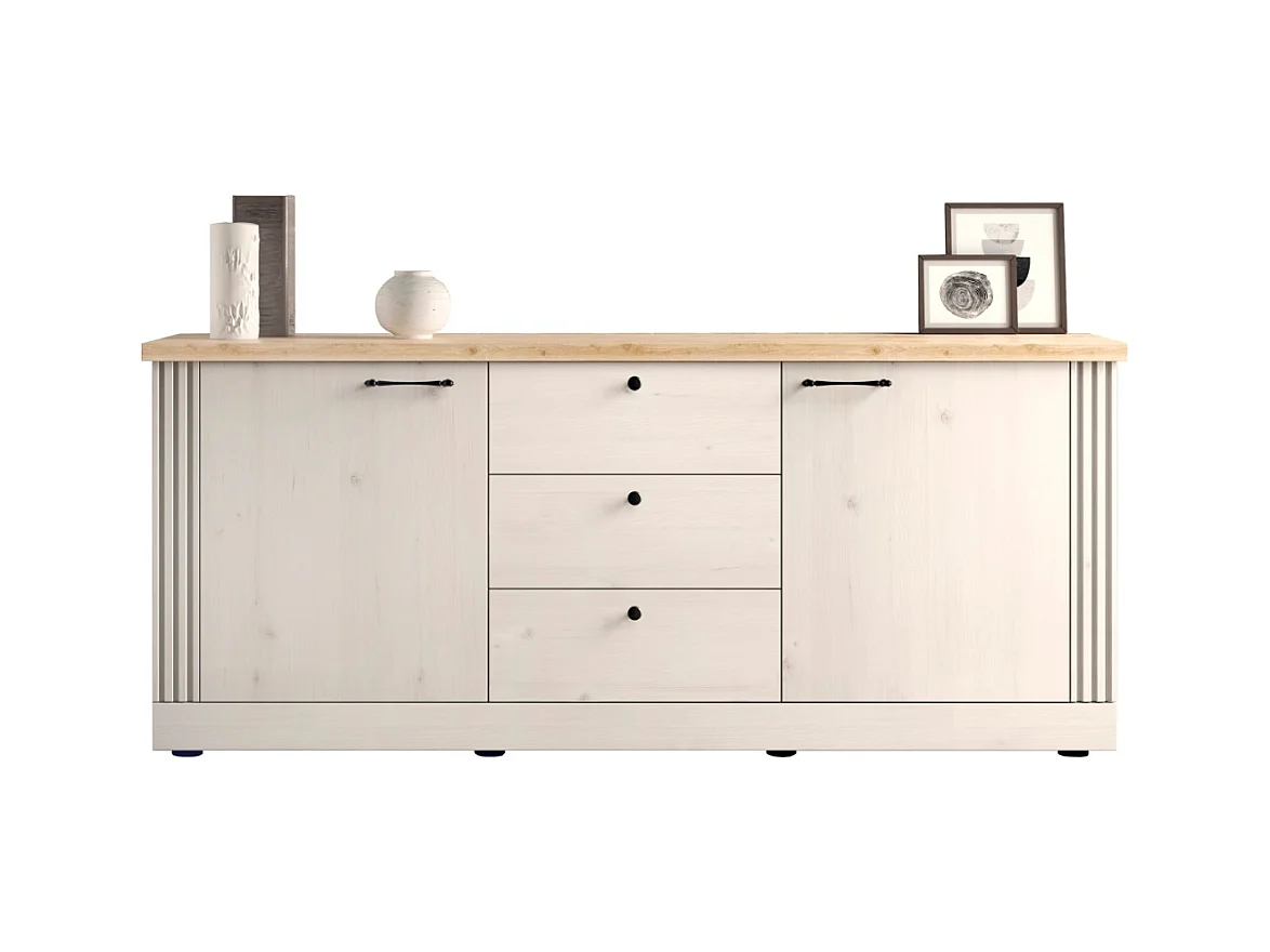 Buffet 2 portes et 3 tiroirs décor chêne cadiz et blanc meringué L211 cm - COUNTRY