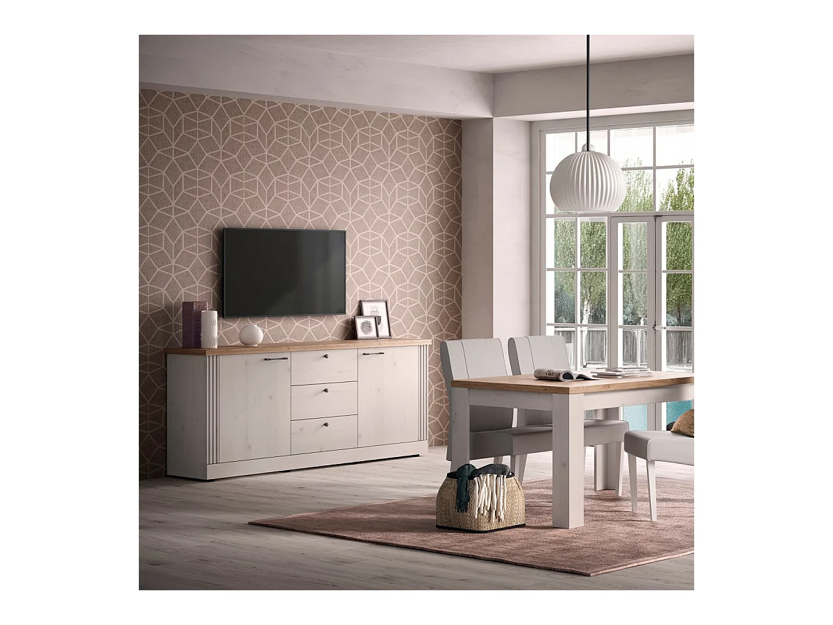Credenza 2 ante e 3 cassetti decorazione rovere Cadiz e bianco meringa L211 cm - COUNTRY