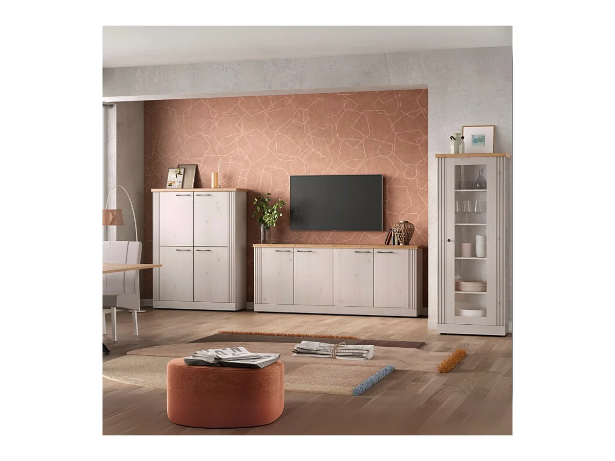 Credenza 2 ante e 3 cassetti decorazione rovere Cadiz e bianco meringa L211 cm - COUNTRY