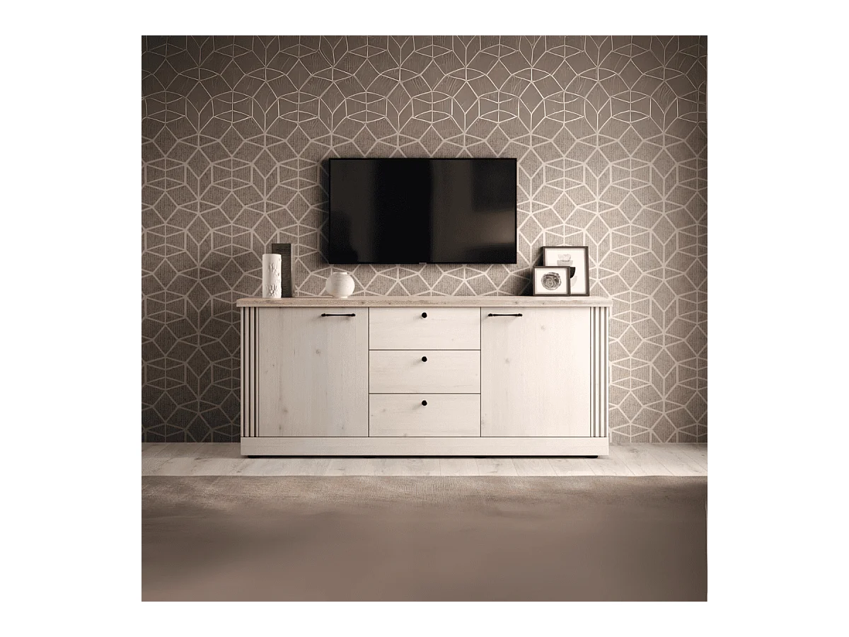 Credenza 2 ante e 3 cassetti decorazione rovere Cadiz e bianco meringa L211 cm - COUNTRY