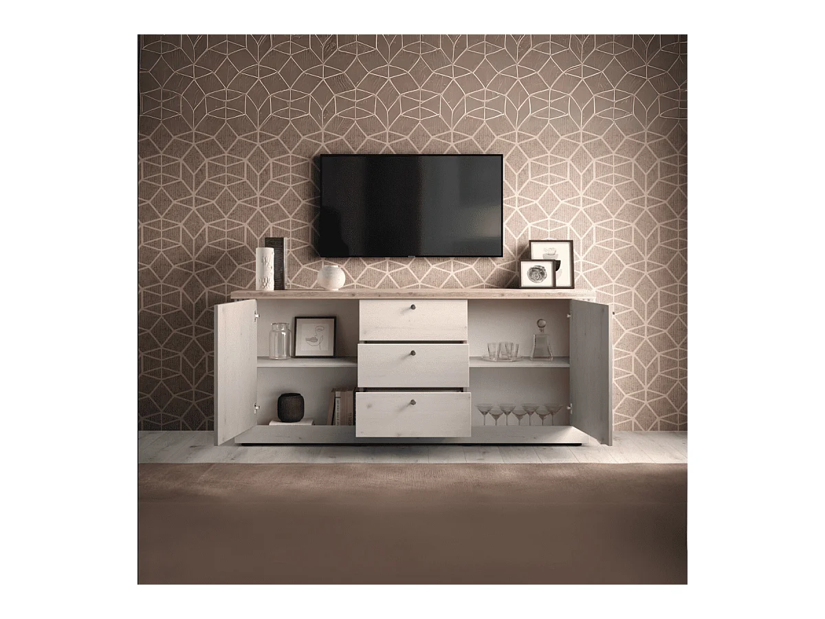 Credenza 2 ante e 3 cassetti decorazione rovere Cadiz e bianco meringa L211 cm - COUNTRY