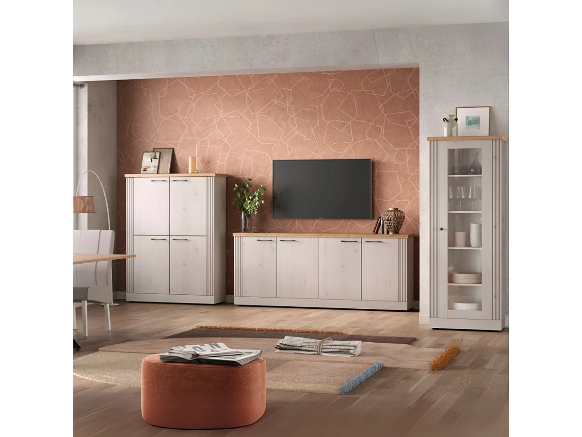 Buffet 2 portes et 3 tiroirs décor chêne cadiz et blanc meringué L211 cm - COUNTRY