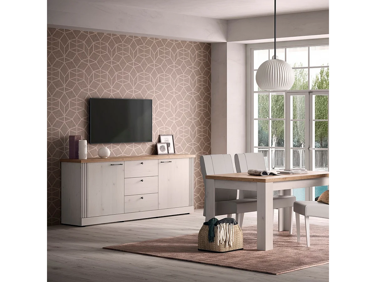 Dressoir met 2 deuren en 3 laden, decor eiken Cadiz en meringuewit L211 cm - COUNTRY