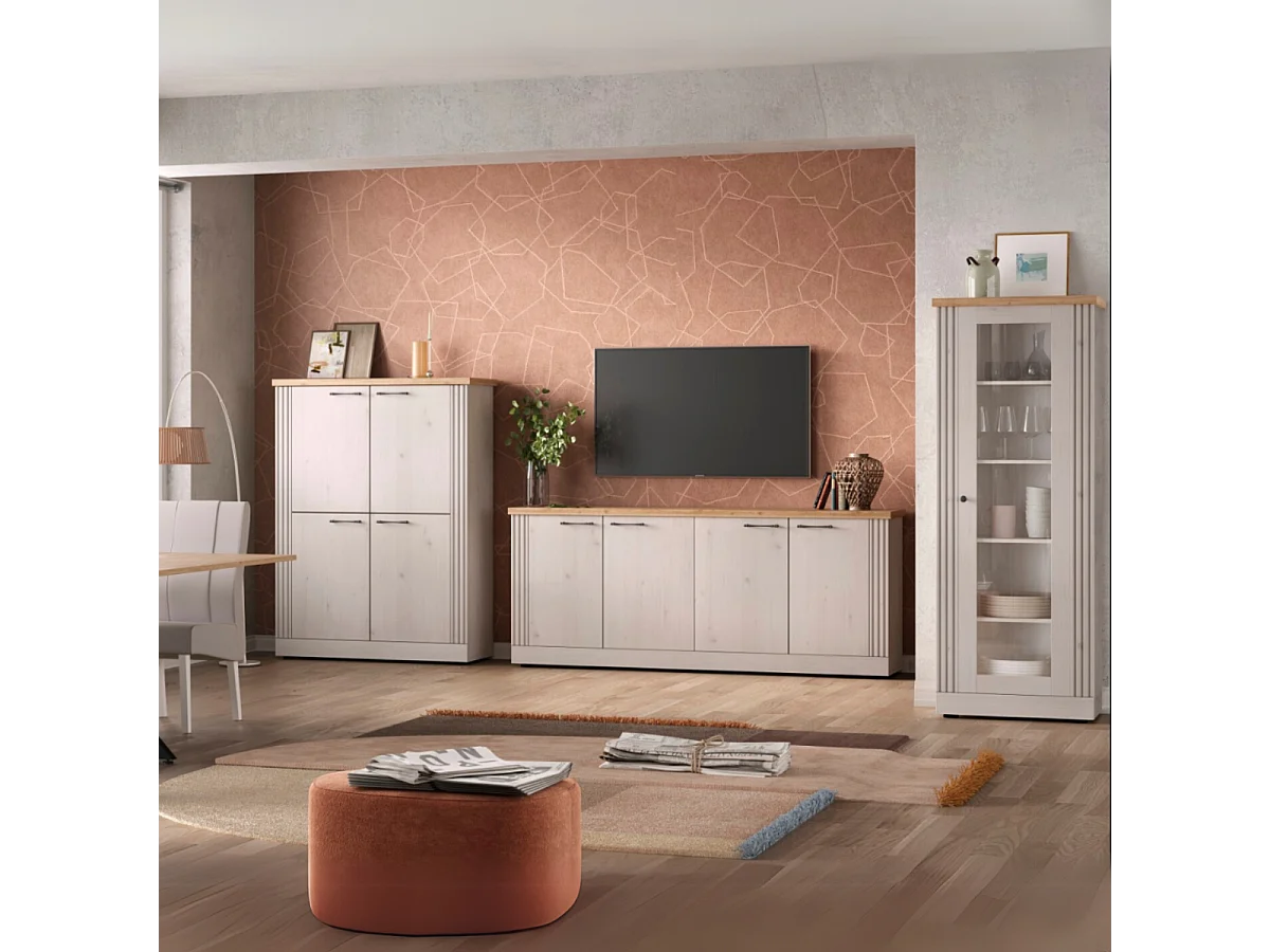 Dressoir met 2 deuren en 3 laden, decor eiken Cadiz en meringuewit L211 cm - COUNTRY