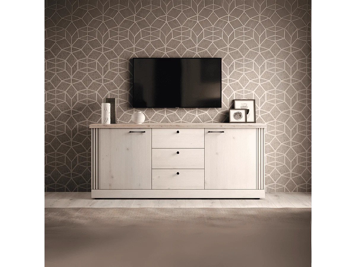 Dressoir met 2 deuren en 3 laden, decor eiken Cadiz en meringuewit L211 cm - COUNTRY