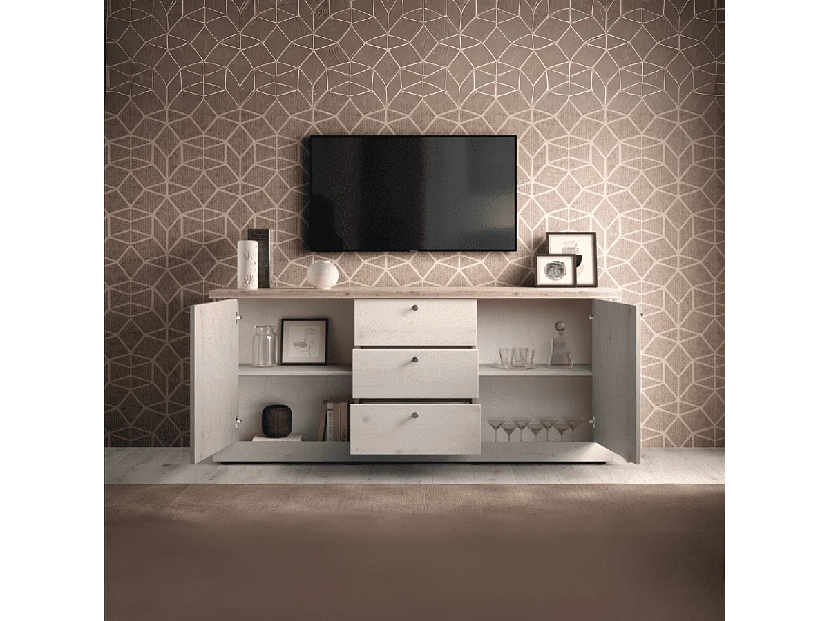 Dressoir met 2 deuren en 3 laden, decor eiken Cadiz en meringuewit L211 cm - COUNTRY