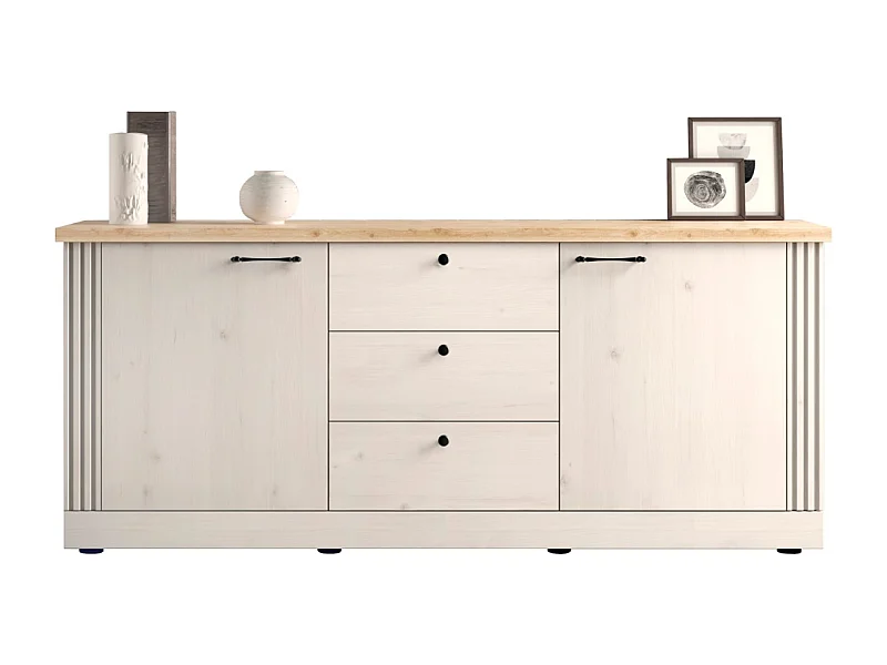 Dressoir met 2 deuren en 3 laden, decor eiken Cadiz en meringuewit L211 cm - COUNTRY