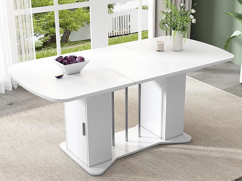 Table à manger extensible avec rangement 4 à 6 personnes - 120/160 x 80 cm - en MDF - Blanc