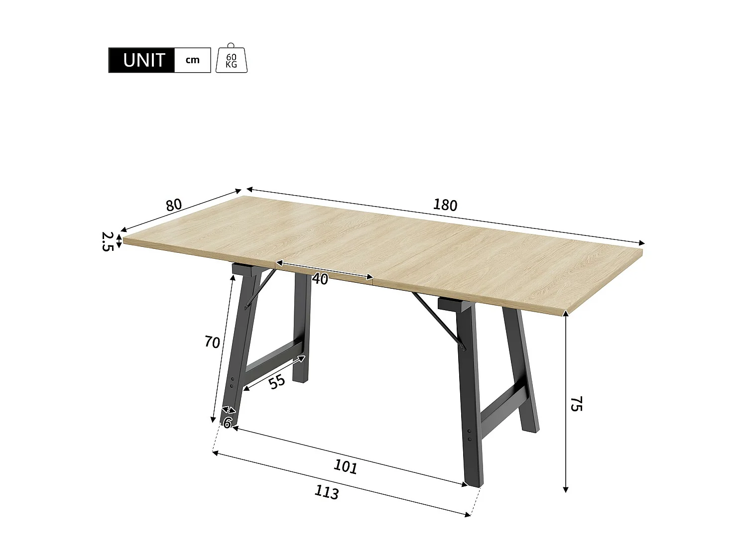 Table à manger extensible en MDF - 140/180 x 80 cm - adaptée pour 4 à 6 personnes - Naturel