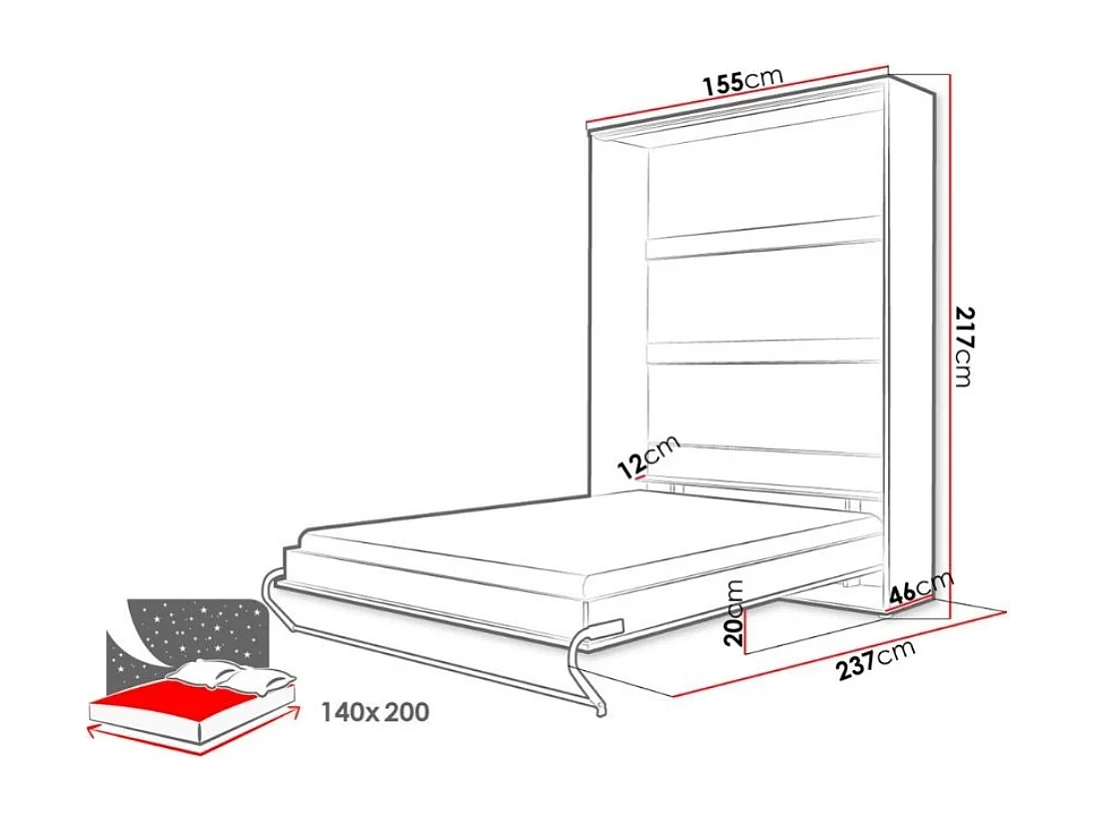 Lit escamotable Concept Pro Lenart Levfere 164, Double, Blanc, 140x200, Stratifié, 155cm