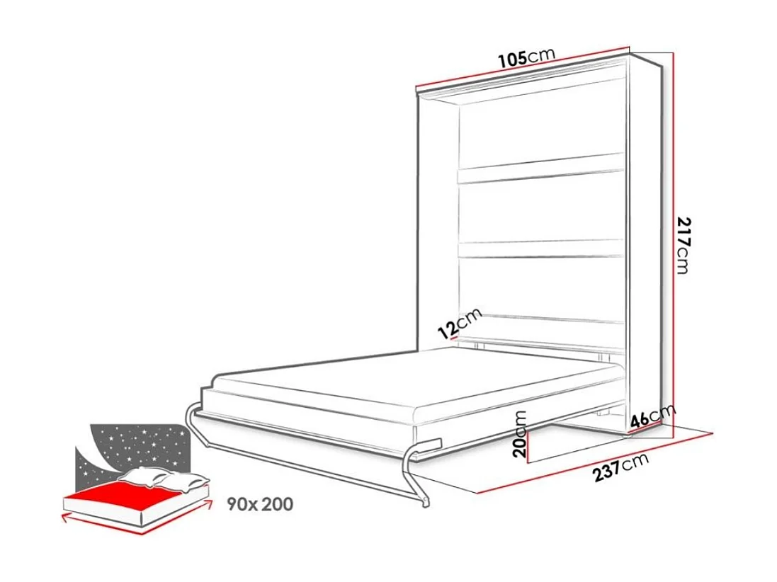 Cama c/armário vertical AMBIHOME TANDOM I - Branco Brilhante, 90x200cm