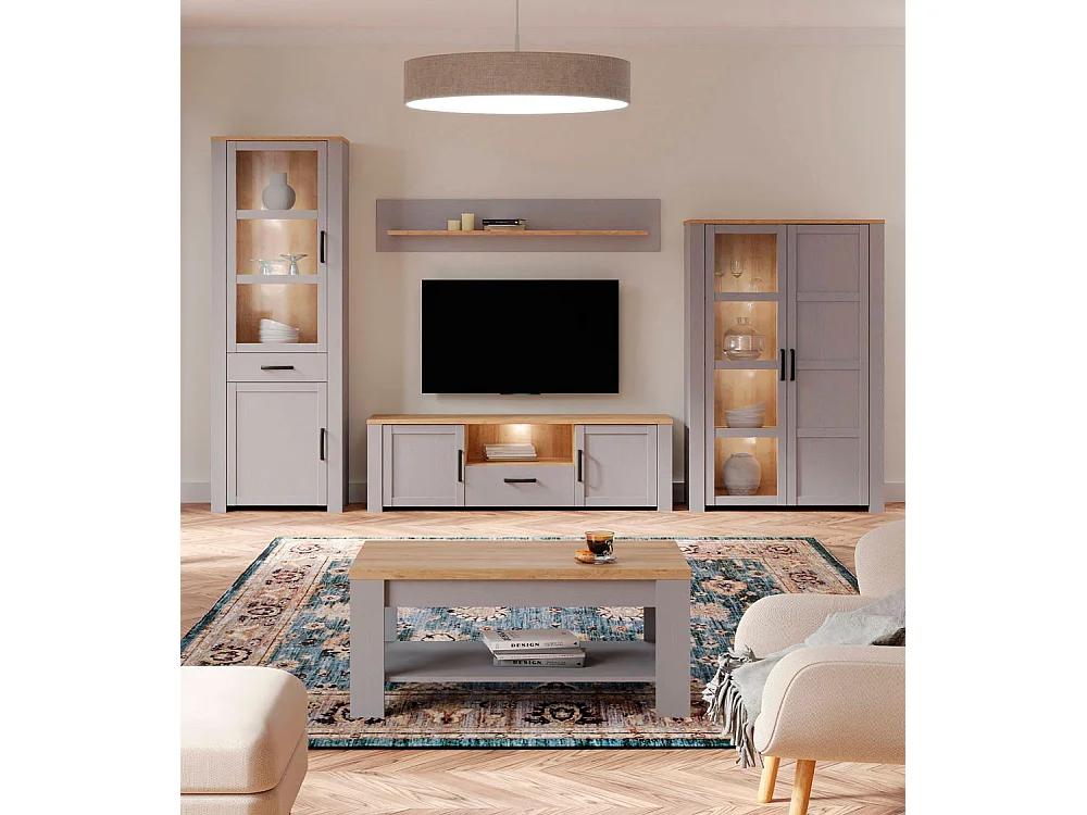 Mesa de centro de 46x100x60 cm con tablero superior de roble y patas en color gris Odin