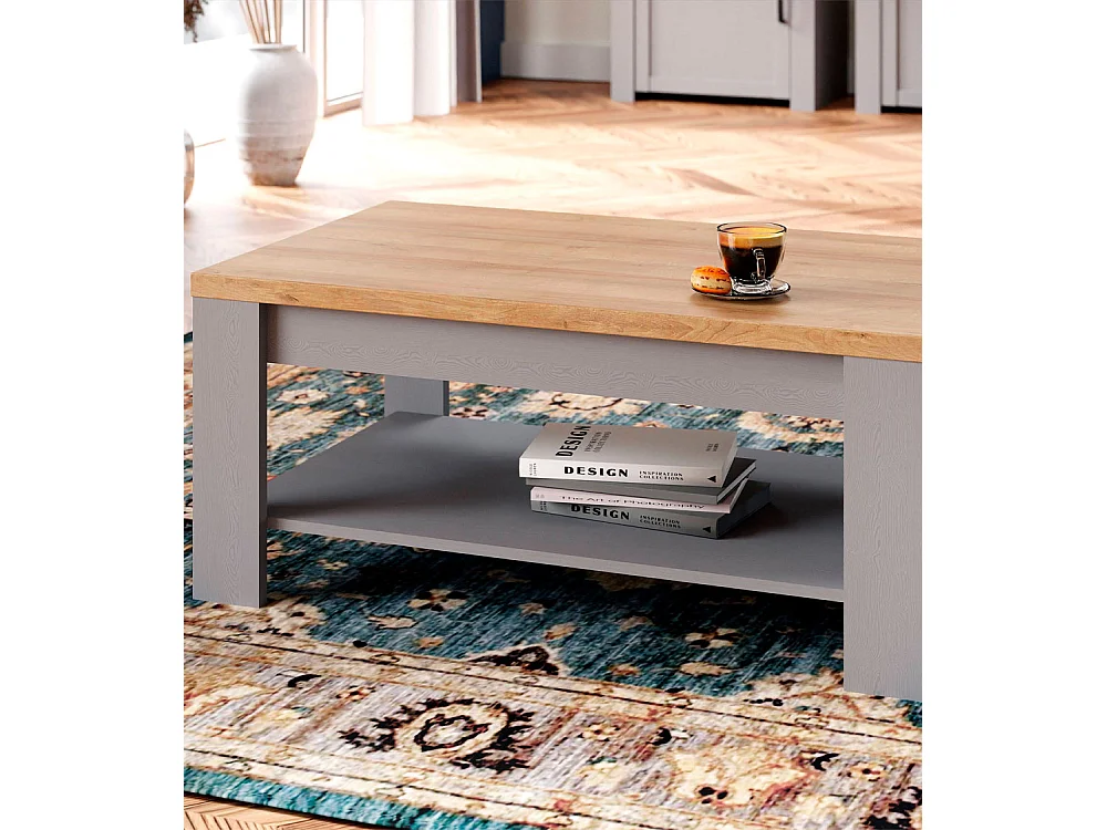 Mesa de centro de 46x100x60 cm con tablero superior de roble y patas en color gris Odin