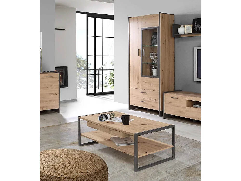 Mesa de centro de 40x110x60 cm con sobre de madera color beige con almacenamiento Frank