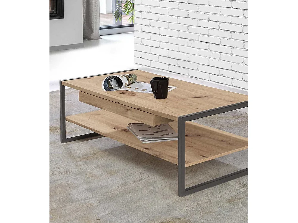 Mesa de centro de 40x110x60 cm con sobre de madera color beige con almacenamiento Frank